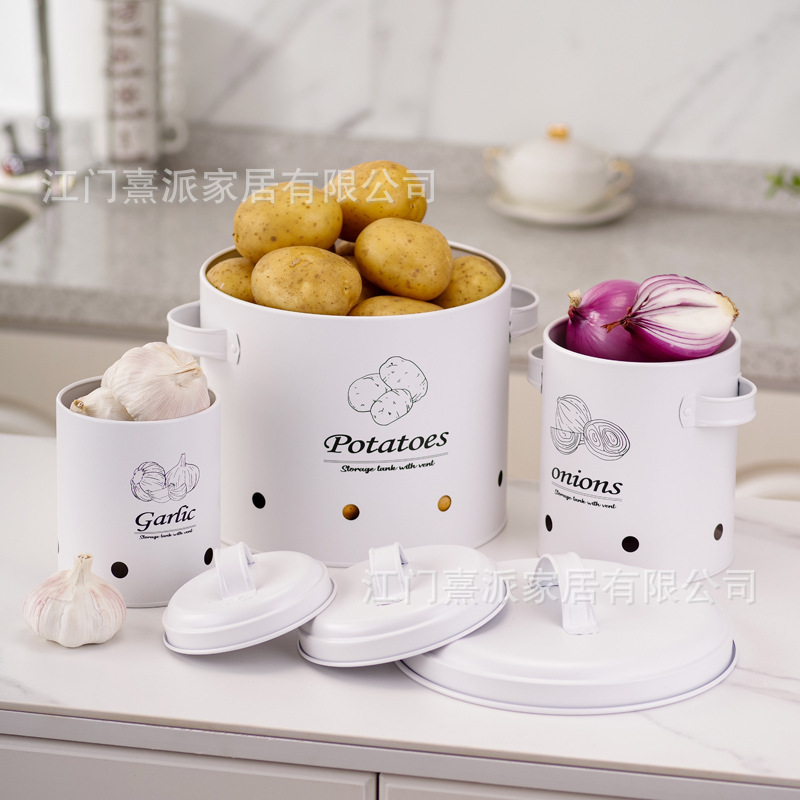 Barril de almacenamiento de patatas transfronterizas con orificio de ventilación, tanque de almacenamiento de cebolla y ajo, tanque de almacenamiento multifuncional de hierro