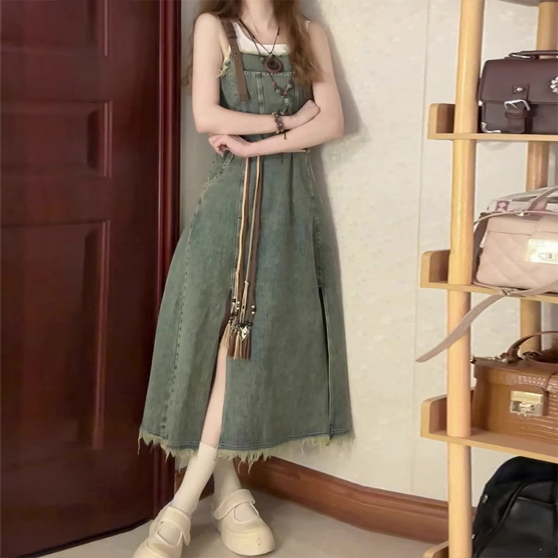 Age-reducing Elegant Mid-length Split Retro Denim Strand Dress Women's Summer plus size chubby girl Design Tight Waist dress