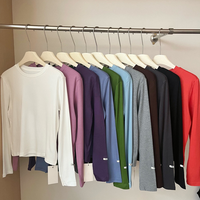 Korean Dongdaemun Egg High-Stretch Glutinous Rice Wool Solid Color Base Shirt with Fleece Lining, Warm Round Neck Versatile Long Sleeve