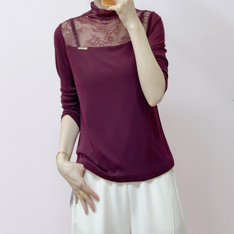 2026 Early Spring Brand Boutique Fashion Versatile Slim-Fit High-Neck Pullover Lace Patchwork Fleece-Lined Top 703