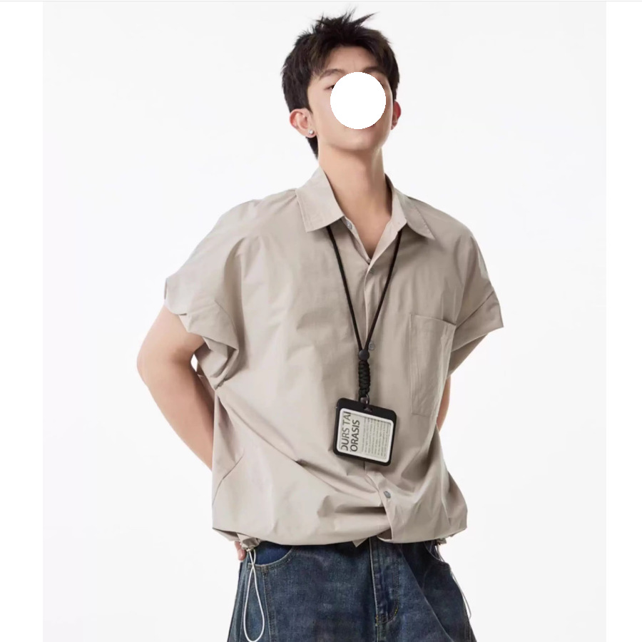 Khaki Tooling Shirt Short-sleeved Men's Summer American Simple Loose Lapel Shirt Drawstring Design Couple Inch Clothes Tide_viptrois.com