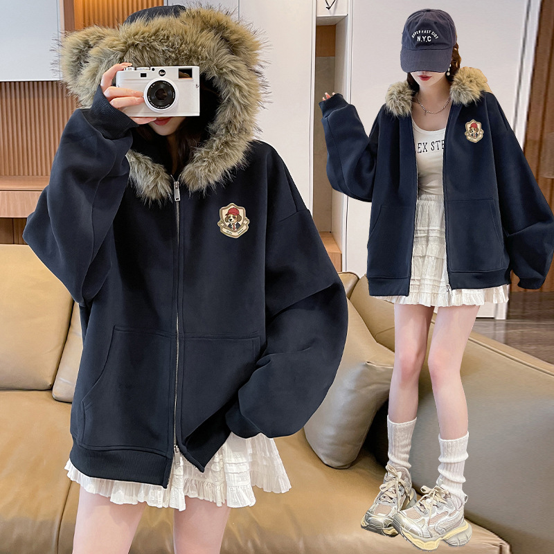 显瘦高街毛领连帽卡通小熊宽松长袖卫衣女春秋高级感开衫外套潮|undefined