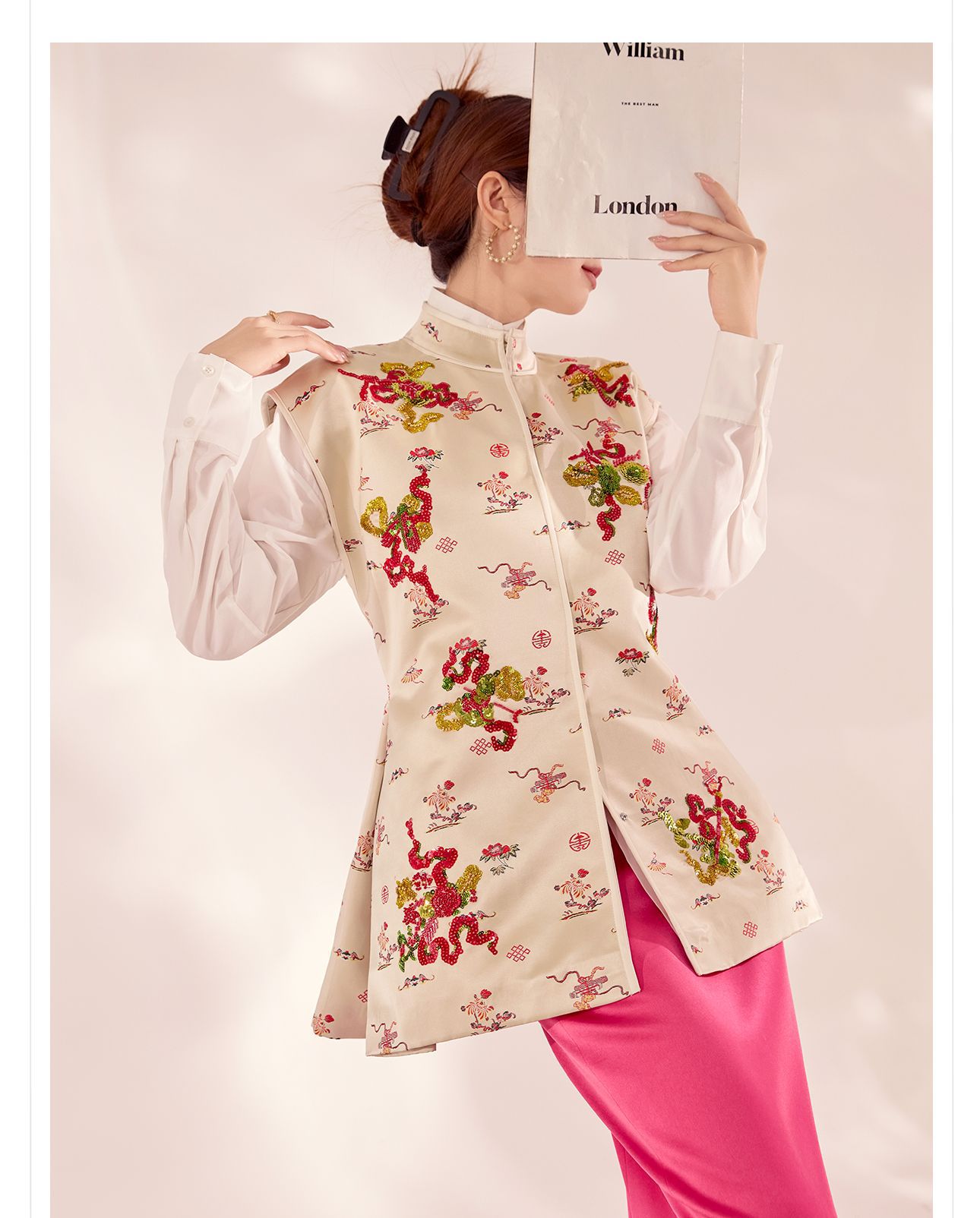 Bộ áo gilê không tay cổ đứng thêu sequin phong cách Trung Hoa mới kèm sơ mi trắng và chân váy nửa MZ055 — Áo sơ mi trắng, Váy nửa, Áo gilê chi tiết 8