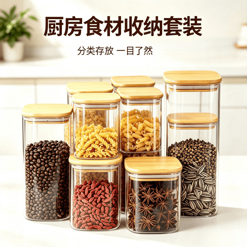 Square glass jar, sealed and moisture-proof, storage jar for grains, cereals, nuts, and snacks
