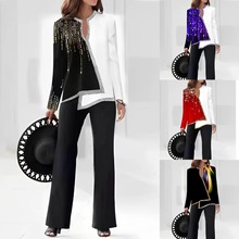 2025欧美亚马逊3D数码印花女式v领不对称衬衫长裤女套装星空印花