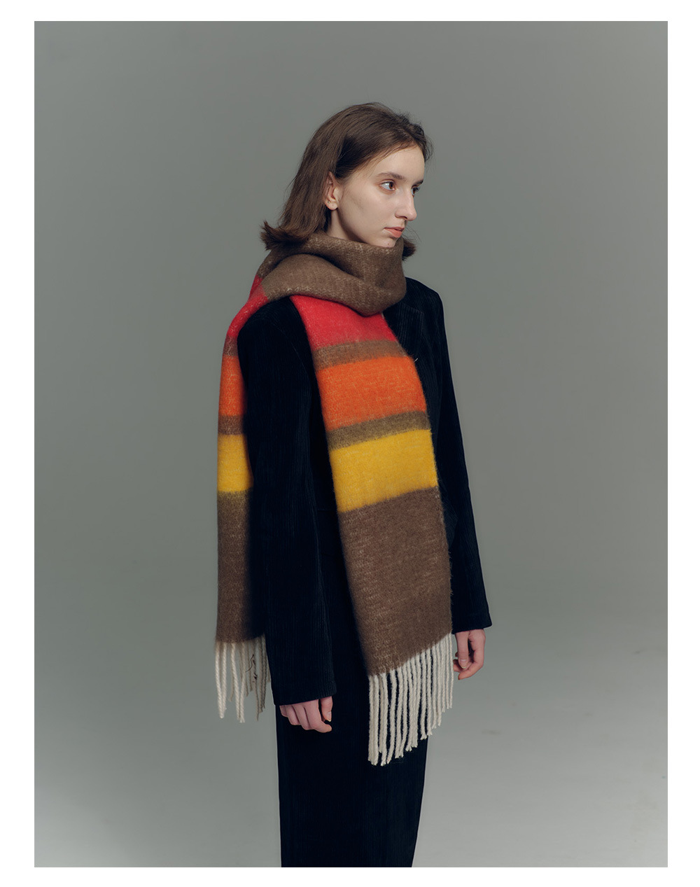 Designer-Schal mit Fransen aus Kaschmirimitat in Regenbogenfarben mit passenden Streifen für Damen im Herbst-/Winter-Stil mit weichem, verlängertem Halsausschnitt_voghion.com