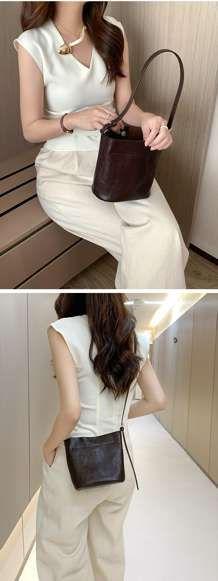 【 Genuine leather 】 Head layer cowhide bucket minimalist style single shoulder armpit women's crossbody small bag_voghion.com