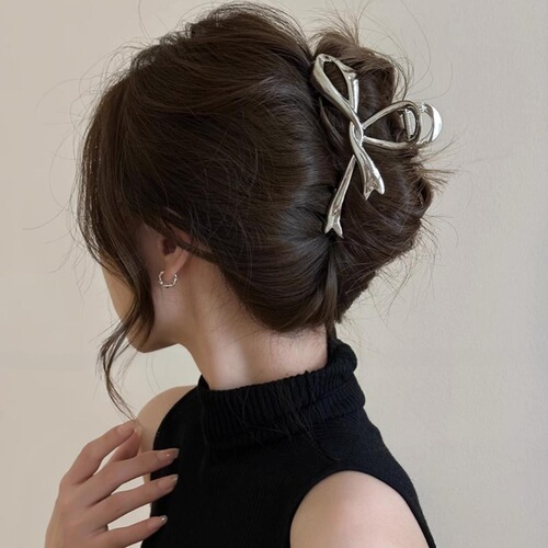  New Arrival Women's Hair Clip with Ribbon Bow on the Back of Head, High-End Silver Metal Clip Hairpin