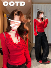 开春穿搭红色立体花朵毛衣女秋冬内搭长袖上衣修身显针织打底衫