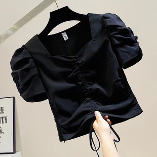 Girls Summer New Drawstring Pleated Shirt Korean Style Puff Short-Sleeved Square Collar Slim Short Pullover Fashionable Versatile Shirt
