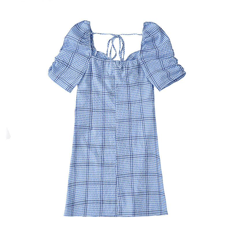 blue plaid knotted slim puff sleeve high waist dress  NSAM54620