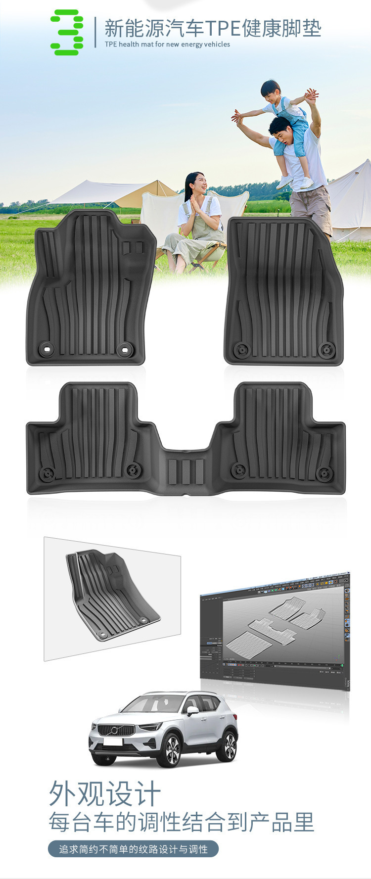 Car Floor Mats for 24 Volvo XC40, TPE Waterproof Eco-Friendly Trunk Mat