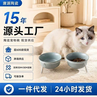 工厂直销高脚护颈猫咪陶瓷碗斜口铁艺架猫碗陶瓷易清洗猫咪专用碗