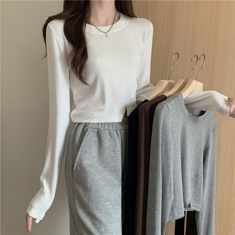 Inner Base Shirt Women's Small Solid Color Long Sleeve T-Shirt Chic High Waist Irregular Short Autumn and Winter New Style Top