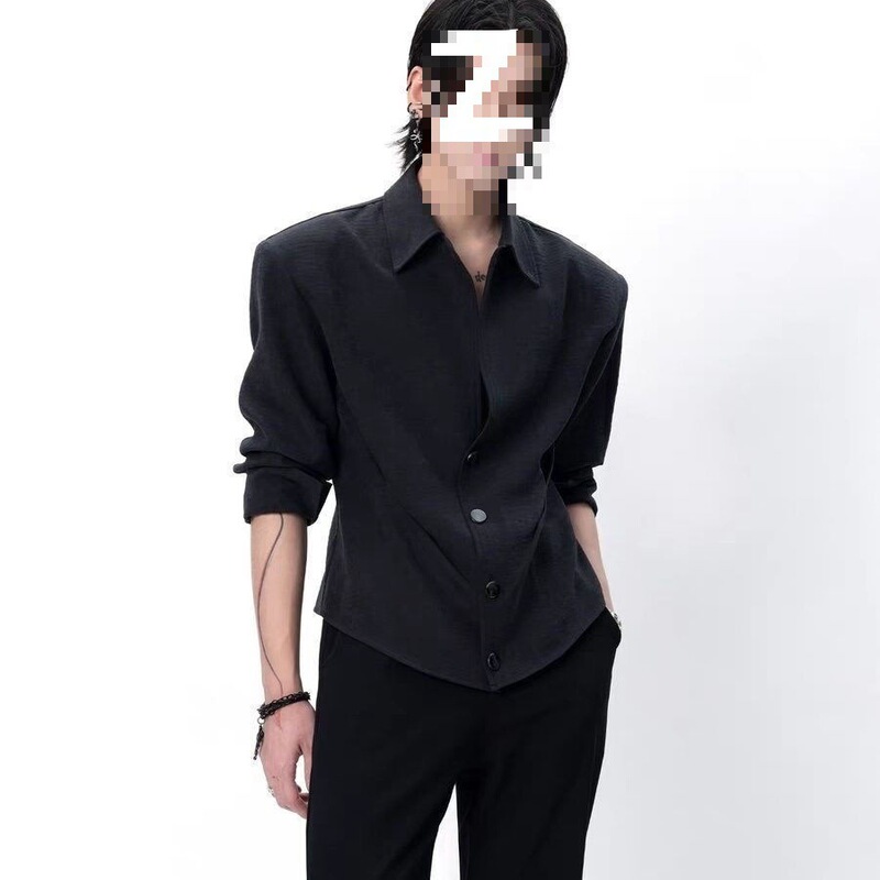 Spring and Autumn Men's Waist-Cinching Design Padded Shoulder Shirt, Spring and Autumn Stylish Dark Gray Long-Sleeve Thin Jacket, in Stock, Other Styles