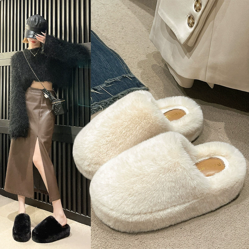 Модный Baotou волосатый полутолщий женский 2024 осень-зима новая корейская версия для ношения тапочек на толстой подошве удобная плюшевая домашняя обувь
