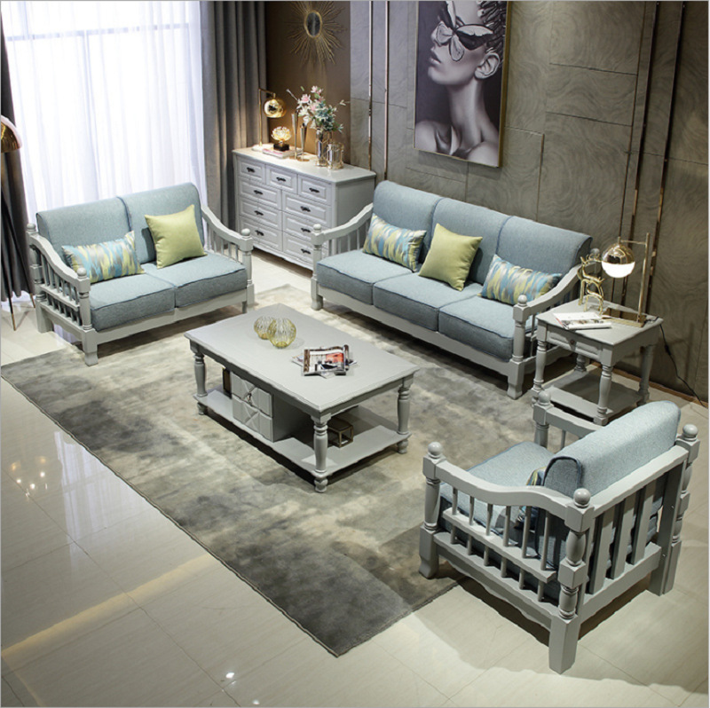 美式轻奢实木1+2+3沙发组合韩式田园风格地中海格调创意客厅灰色|ru