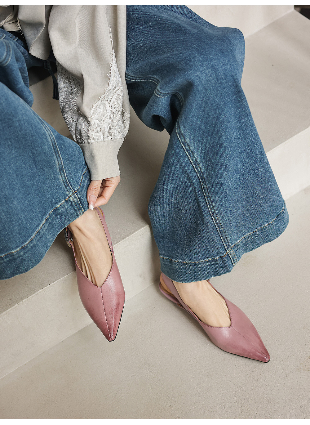Giày sandal nữ mũi nhọn quai ngang gót thấp phong cách Hàn Quốc — màu nâu chi tiết 1