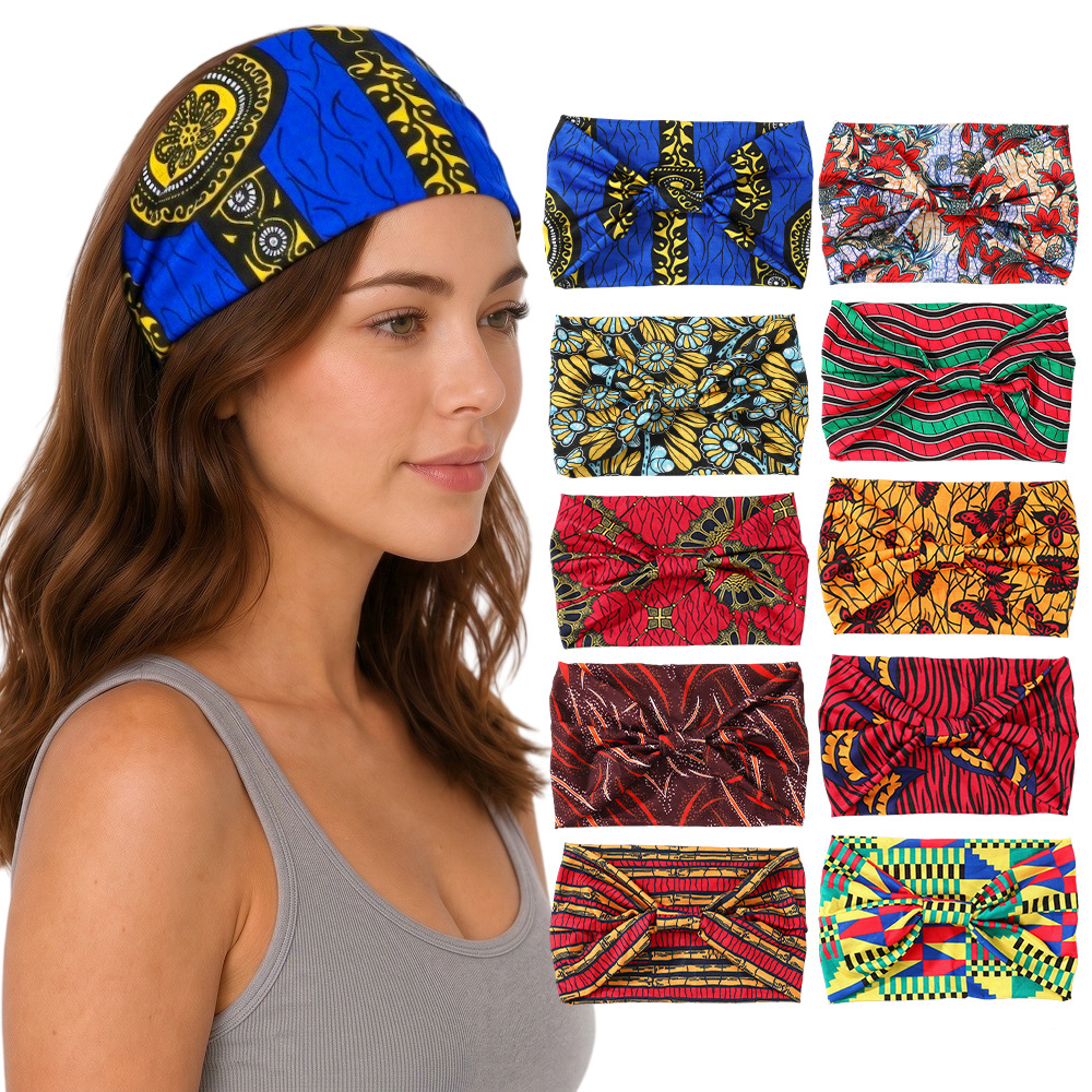 Colorful Printed Knotted Wide-Brimmed Sports Headband, High-Elastic Fabric Hair Tie, Versatile Hair Accessory for European and American Women