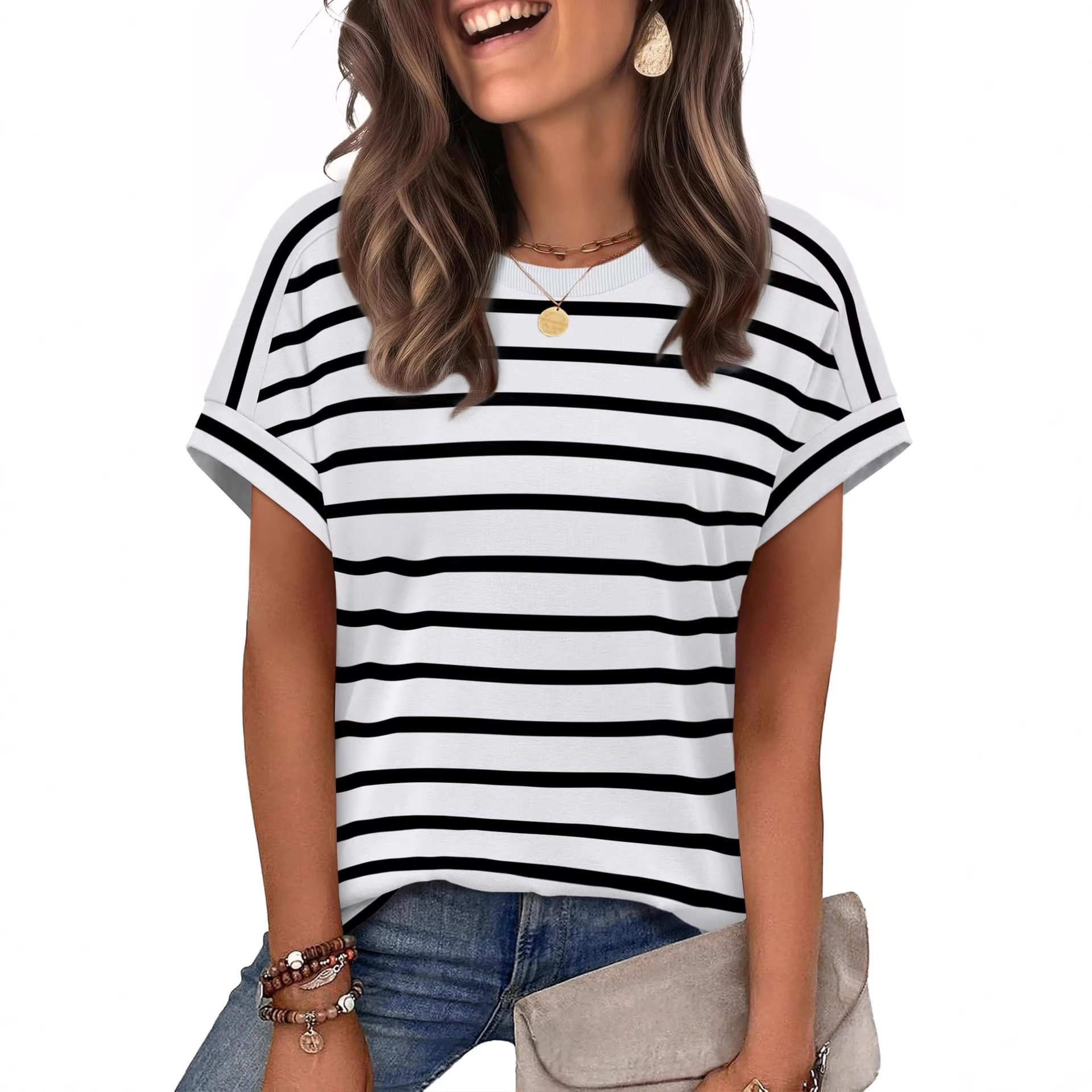 Summer New Women's Round Neck Casual Striped T-Shirt Short Sleeve Top American Style_ecoleips.com