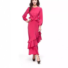 洋姐风尚女装2024年春夏新品玫红色修身显瘦中长款礼服长袖连衣裙