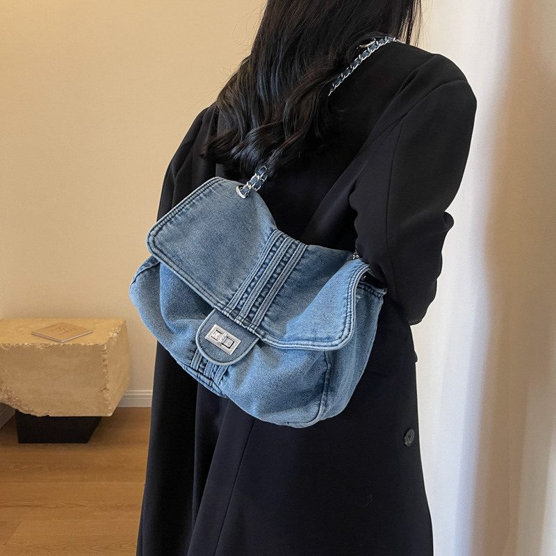 Transfronterizo retro bolsa de mezclilla para las mujeres 2023 otoño nueva moda europea y americana cadena hombro bolsa de mensajero