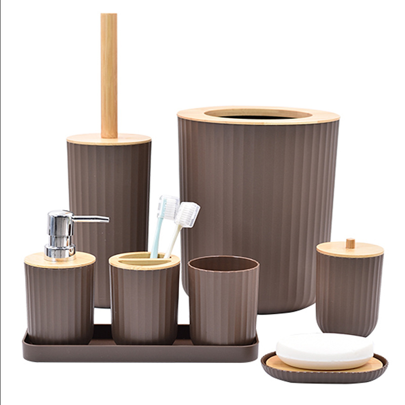 Customizado set de baño de bambú y madera artículos de baño de hotel tampones de algodón taza de cepillo de dientes bandeja de plástico baño ocho regalos
