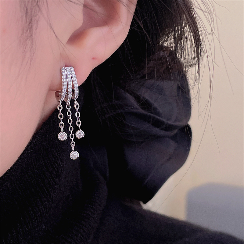 Light Luxury Zircon Three-row Tassel Earrings Sophisticated_voghion.com