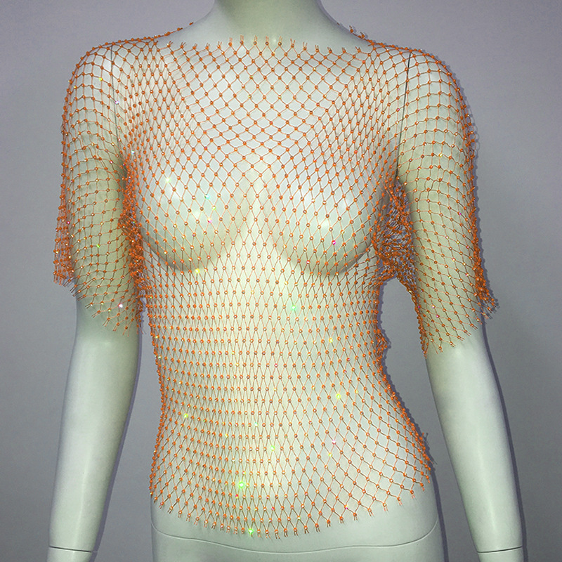 De Europa y América transfronteriza de las mujeres calientes de malla de diamantes de imitación red de pesca de manga larga Sexy Slim rhinestone Top party chica caliente de manga larga