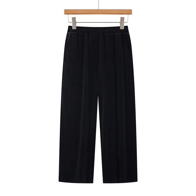 Plus-size velvet loose-fitting slimming straight-leg casual pants for plus-size mothers, high-waisted pants for middle-aged and elderly women