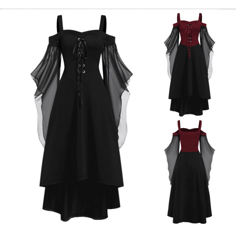 European Plus-Size Vintage Off-Shoulder Gothic Flared Sleeve Irregular Halloween Witch Suspender Tie Dress European Plus-Size Vintage Off-Shoulder Gothic Flared Sleeve Irregular Halloween Witch Suspender Tie Dress
