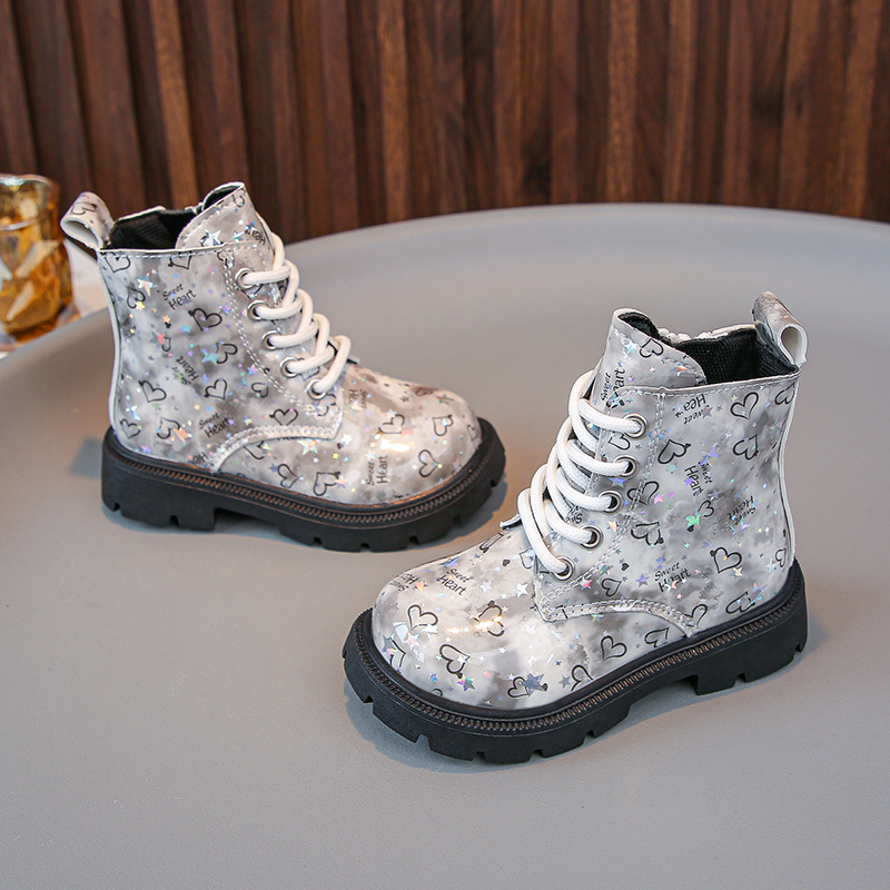 Botas infantis Martin de cano médio com estampa de couro brilhante, novas botas infantis Martin para meninas, botas de cano médio da moda para meninos, outono/inverno 2024_voghion.com