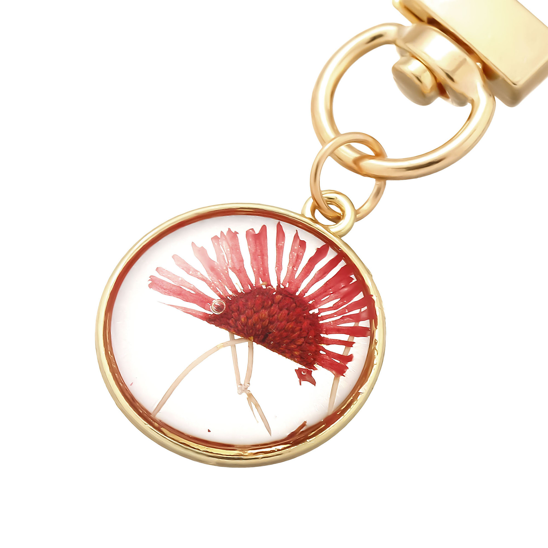 Nuevo cruzado de venta caliente llavero de moda europea y americana flor seca natural goteo de pegamento geometría amor colgante accesorios de aleación