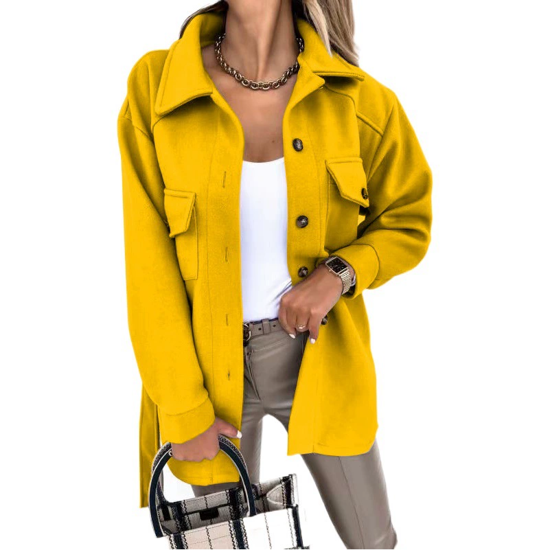 Европейские и американские трансграничные осенние и зимние лацканы однобортный толстые рубашки сплошной цвет шерстяные свободные пальто для женщин-производителей