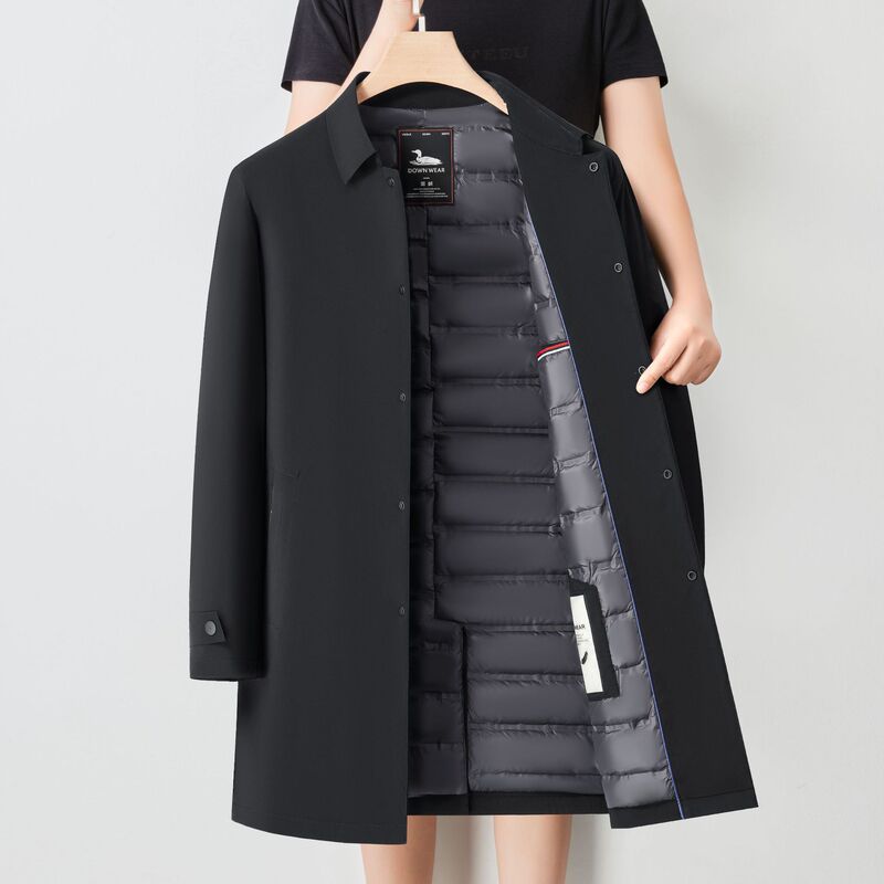 Men's Autumn and Winter down Jacket, Mid-Length, Middle-Aged and Elderly Dad's Clothing, Business Casual, White Duck Down, Lapel, Filled with Down, Cold-Proof