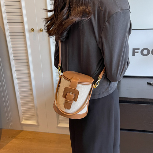 2024 New Lightweight Luxury Vintage Bucket Bag for Women – Canvas Contrast-Color Patchwork Crossbody Bag with Handle and Shoulder Strap