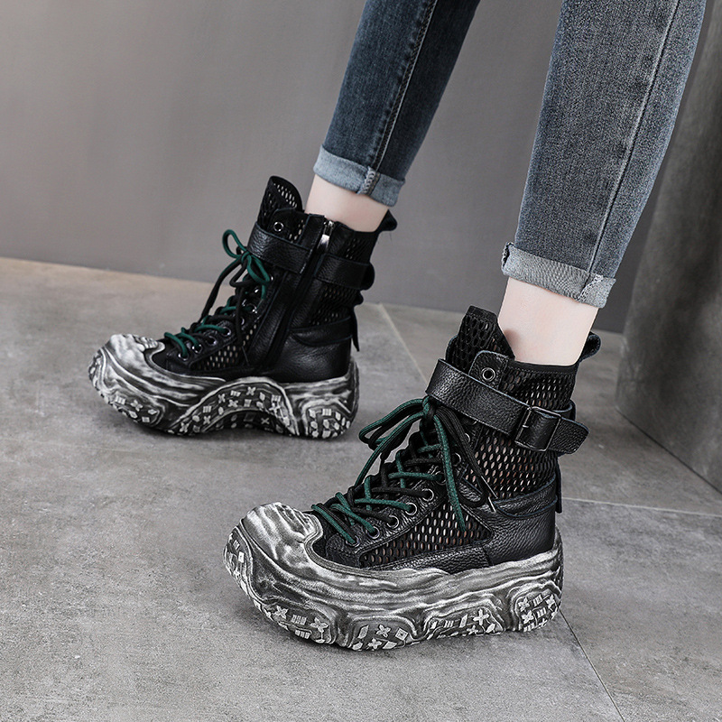 Boot Martin nữ cổ cao da bò thật mặt lưới thoáng khí đế dày bánh xốp — Màu khoai môn