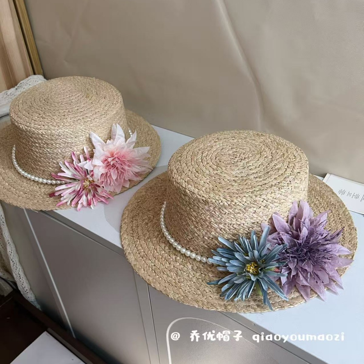 繁华似锦~可拆卸花朵平顶帽子女士法式优雅拉菲草草帽防晒太阳帽