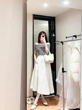 2025夏季新款高级条纹显瘦一字肩上衣搭A字高腰气质半身裙两件套