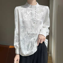 轻国风白色真丝衬衫女职场穿搭春季长袖立领衬衣中式印花通勤上衣
