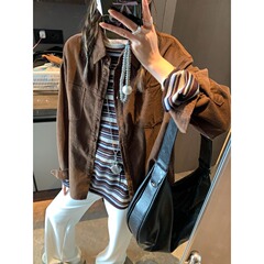 摩且 中古老钱调 街头风廓形宽松休闲全棉灯芯绒衬衫外套 MQ0691