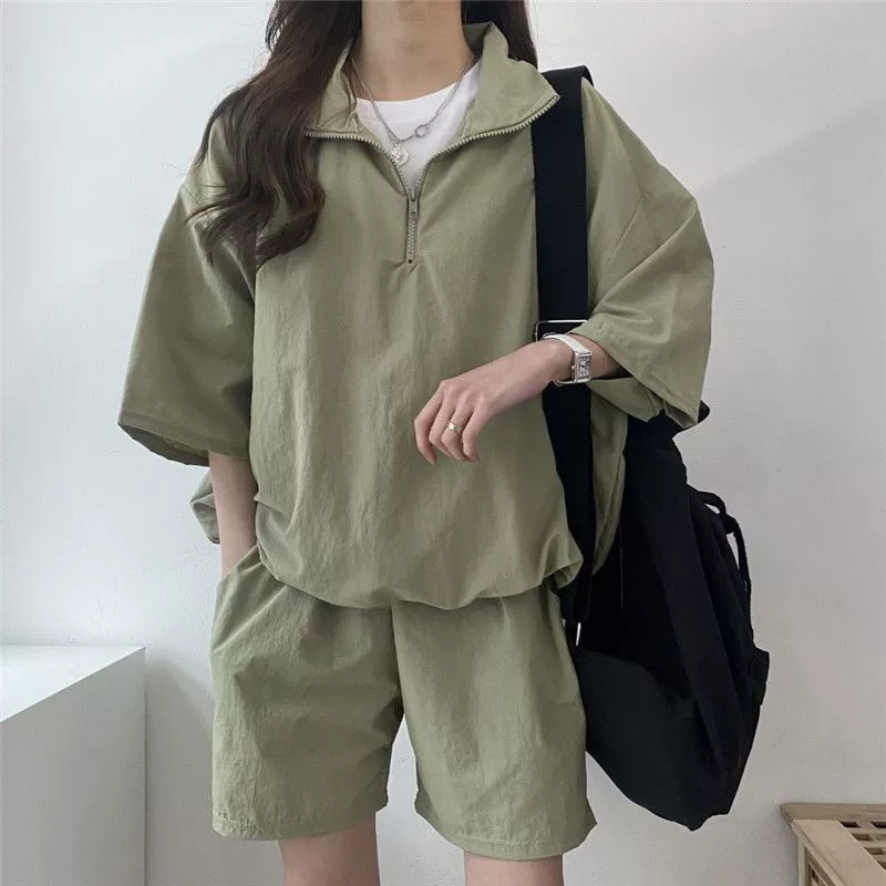 Корейский чик с диким воротником на молнии рукава рыхлый топ с высокой талией повседневные спортивные шорты из двух частей