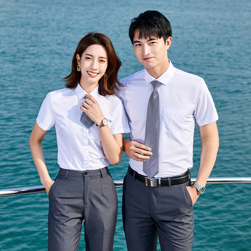 Men's Short-Sleeve Professional Shirts for Corporate Banking and Real Estate Sales, Women's Modal No-Iron Embroidered Logo Workwear