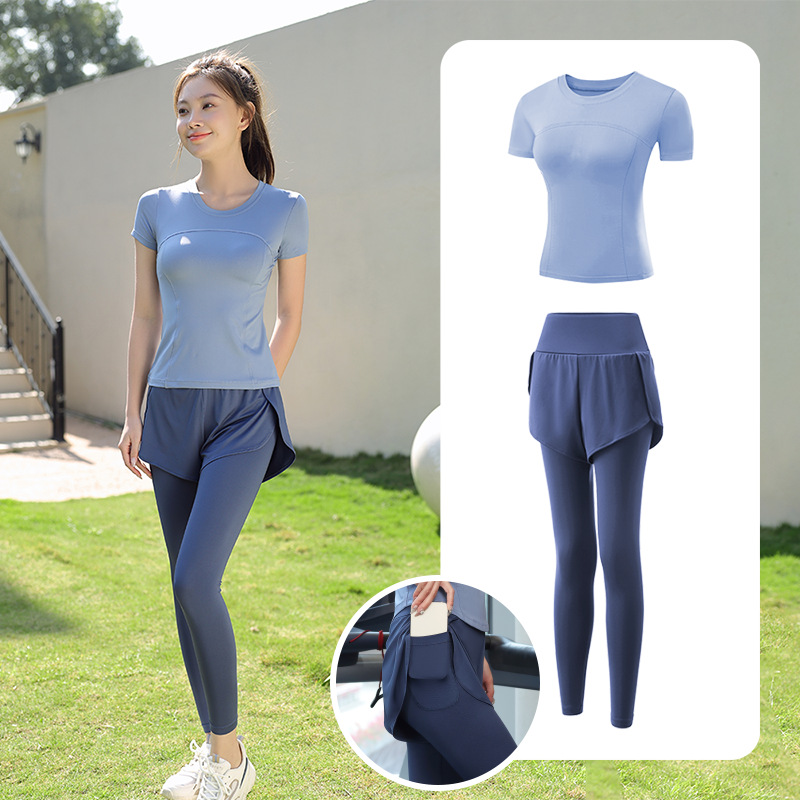 Trajes de yoga para mujeres de verano para correr ropa deportiva suelta rápida ropa seca bolsillo para correr trajes de mujeres de la mañana para correr comercio exterior