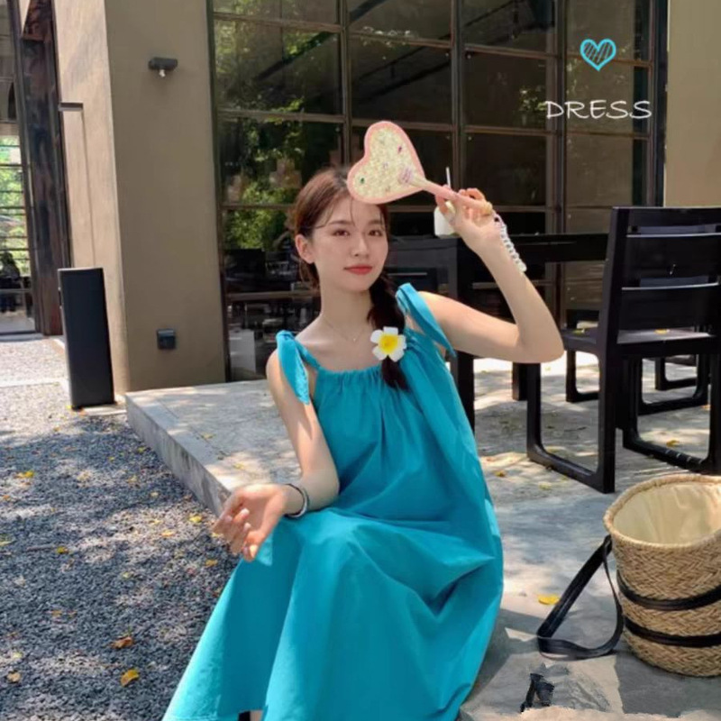 Vacation Style dress Lace-up Slip Skirt Women's Summer Elegant Loose Slimming A- line Skirt Blue Mid-length Skirt