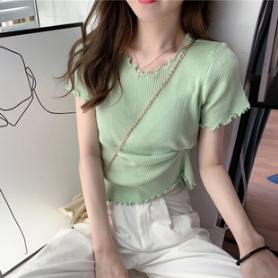 Summer 2025 New Trendy Lace Slim Short-Sleeve T-Shirt Stylish Women's Ice Silk Knit Top Thin Style