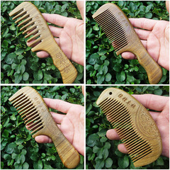 Bulk Green Sandalwood Comb with Acupressure Massage Comb, Crescent-Shaped Engraved Long Handle Comb, Solid Wood Head, Thickened Wide-Tooth Sandalwood Comb