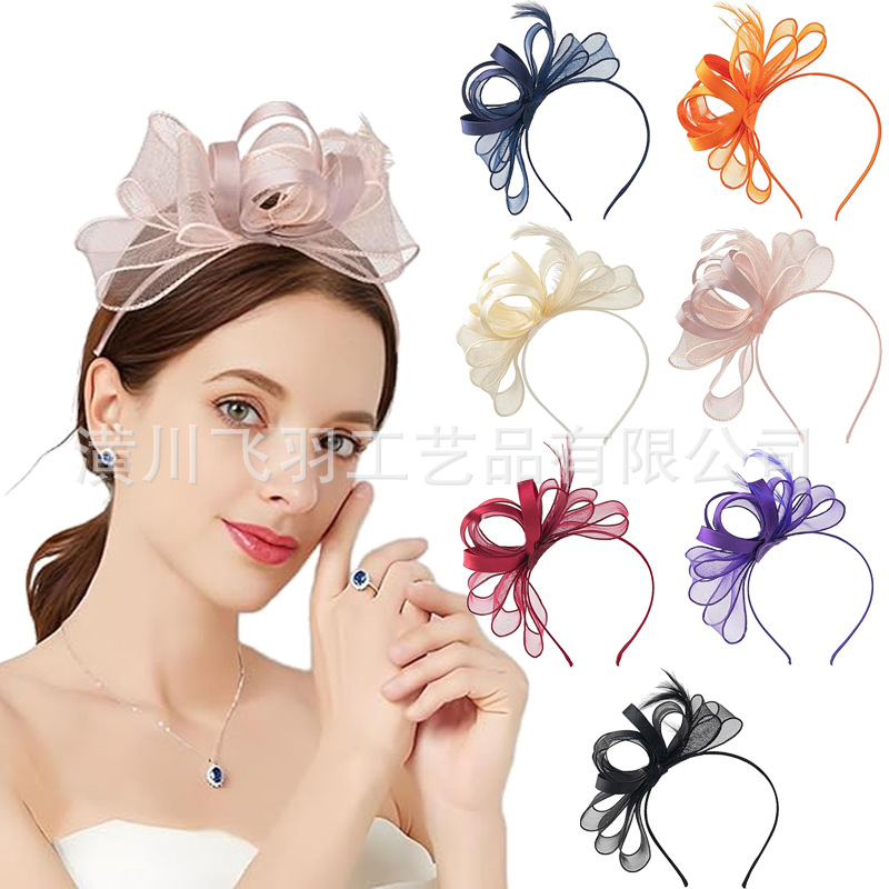 Cross-Border Popular Bow Headband Retro Mesh Feather Headband Party Performance Dance Horse Racing Hat