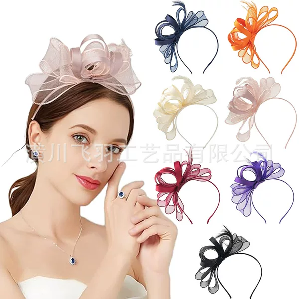 Cross-Border Popular Bow Headband Retro Mesh Feather Headband Party Performance Dance Horse Racing Hat