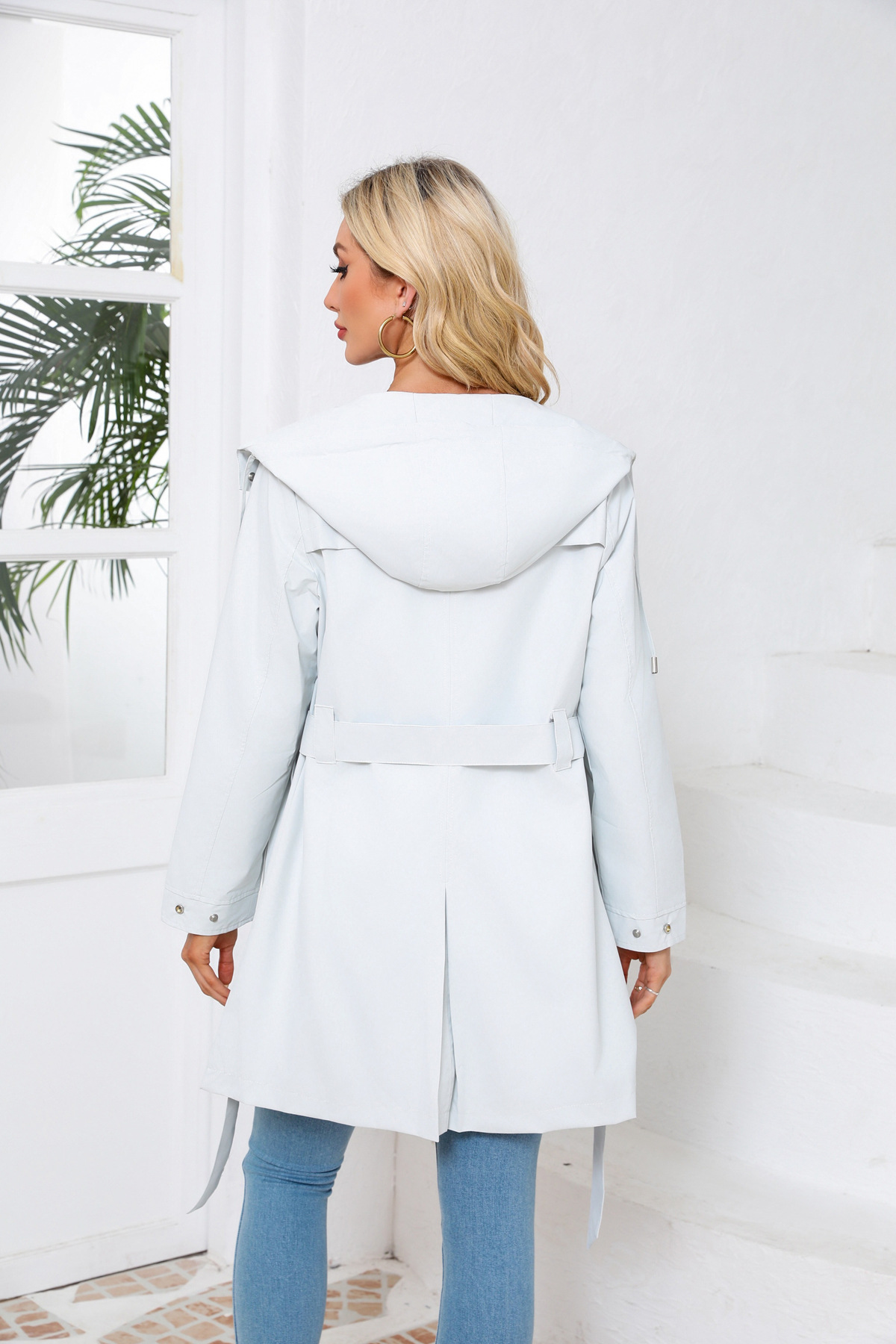 Women's Clothing Spring and Autumn Hooded Water Repellent Jacket with Belt Thin Casual Loose Windbreaker _voghion.com